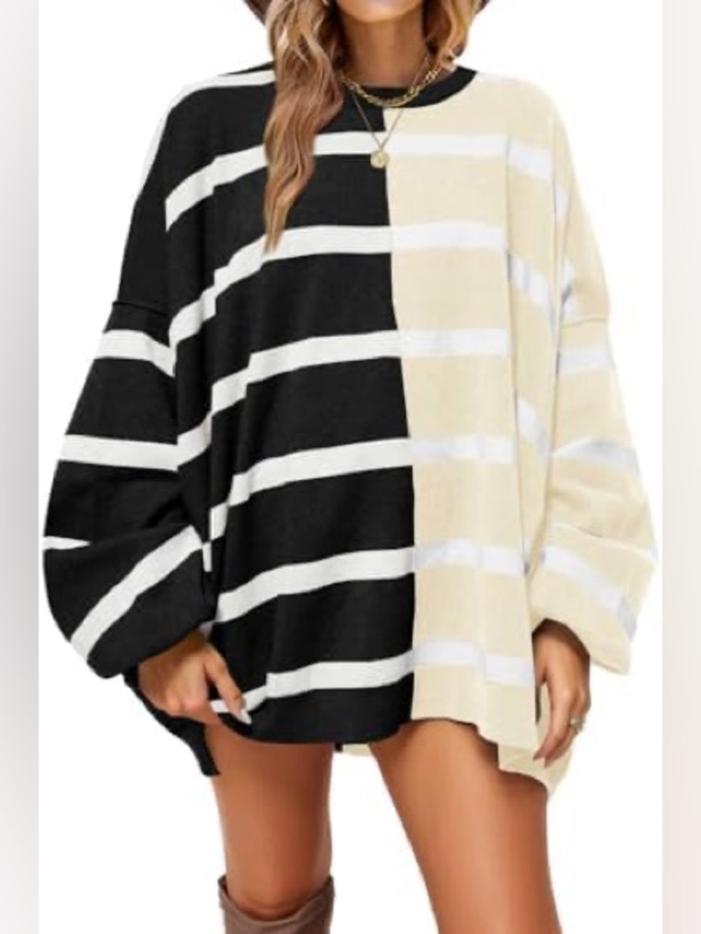 New Fiosew Amazon Oversized Loose Color Block Striped Crew Neck Knit Sweater $40
